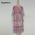 Ryseleco 2017 Summer Women Chiffon Dresses Ladies European Fashion Vintage Floral Prints Swing Shift Beach Wear Casual Clothing