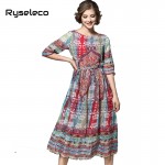 Ryseleco 2017 Summer Women Chiffon Dresses Ladies European Fashion Vintage Floral Prints Swing Shift Beach Wear Casual Clothing