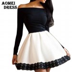 S 5XL White and Black Patchwork Color Dress for Women Retro A Line Girl Casual Robe Femme Tunic Full Sleeve Slash Neck Dressses