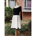 S 5XL White and Black Patchwork Color Dress for Women Retro A Line Girl Casual Robe Femme Tunic Full Sleeve Slash Neck Dressses