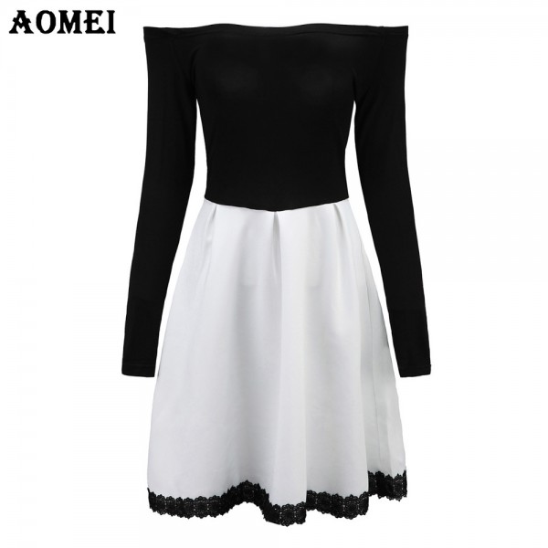 S 5XL White and Black Patchwork Color Dress for Women Retro A Line Girl Casual Robe Femme Tunic Full Sleeve Slash Neck Dressses