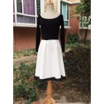 S 5XL White and Black Patchwork Color Dress for Women Retro A Line Girl Casual Robe Femme Tunic Full Sleeve Slash Neck Dressses