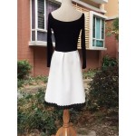 S 5XL White and Black Patchwork Color Dress for Women Retro A Line Girl Casual Robe Femme Tunic Full Sleeve Slash Neck Dressses