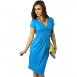 S-XL 2016 Summer New Casual Fashion Sexy Bodycon Slim Deep V neck Short Sleeve Knee Length Women Party Pencil Dress Office Wear
