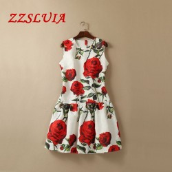 S-XXL High quality 2018 new lady fashion summer rose flower print jacquard fishtail O-neck one piece dress YW7090