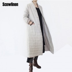 SCUWLINEN 2017 Autumn Winter Jacket Women Plus Size Straight Plate Buttons Long Linen Cotton Padded Thickening Parka Casual Coat