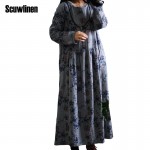 SCUWLINEN 2017 Spring Autumn Women Dress Vintage Print Long Sleeve Plus Size Maxi Long Loose Cotton Linen Dress Vestidos S172