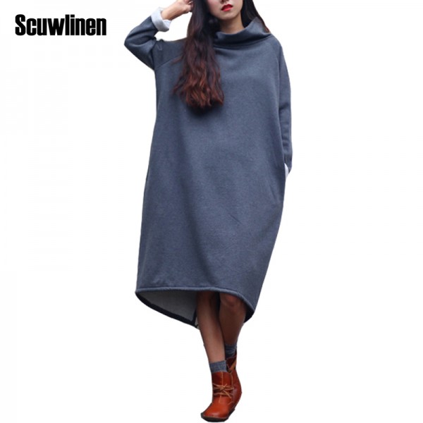 SCUWLINEN 2017 Spring Winter Dress Women Cotton Dress Vestido Fleece Thickening Turtleneck Long-sleeve Loose Robe Plus Size S60