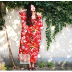 SCUWLINEN 2017 Summer Dress National Trend Women's Vintage V-neck Loose Linen Dress Plus Size Fluid Print Large Size Full Dress