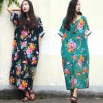 SCUWLINEN 2017 Women Summer Linen Dress Vintage Flower with Butterfly Print Loose Medium-Long Robe Plus Size Casual Dress S18