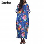 SCUWLINEN 2017 Women Summer Linen Dress Vintage Flower with Butterfly Print Loose Medium-Long Robe Plus Size Casual Dress S18