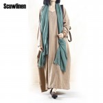 SCUWLINEN Vestido Linen Maxi Casual Dress 2017 Spring Pullover Long-sleeve Loose Plus Size Women Dress V-Neck Vintage Dress