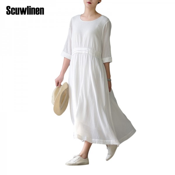 SCUWLINEN Vestidos 2017 Spring Summer Dress O-neck Half-sleeve Long Cotton Dress Women Casual Loose Cute White Dresses S305