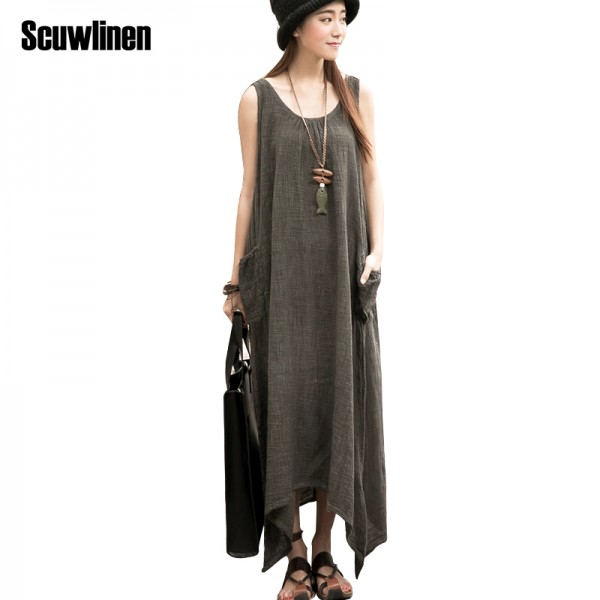 SCUWLINEN Vestidos 2017 Summer Dress Women Sleeveless Tank Linen Dress Irregular Hem Beach Party Dress Maxi Long Women Dress S17