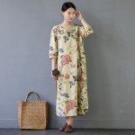 SCUWLINEN Vestidos 2018 Spring Autumn Women Dress Chinese Robes Vintage Print Plus Size Linen Dress Long Maxi Dress S30