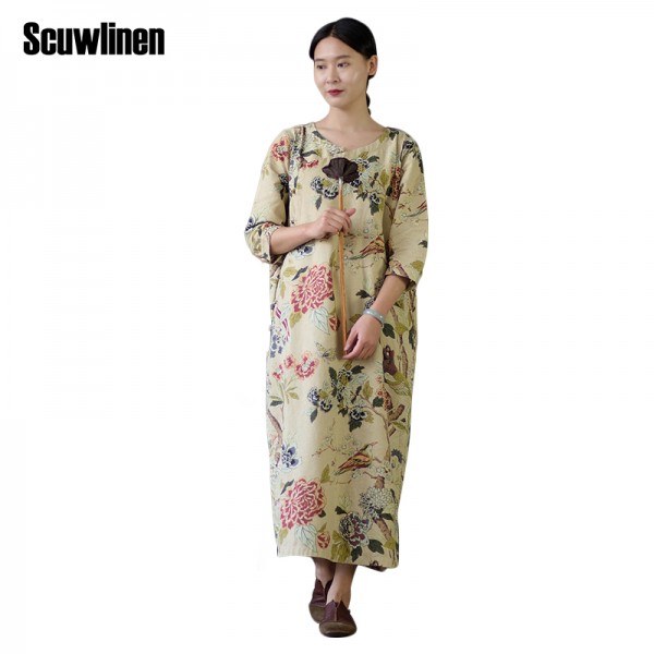 SCUWLINEN Vestidos 2018 Spring Autumn Women Dress Chinese Robes Vintage Print Plus Size Linen Dress Long Maxi Dress S30