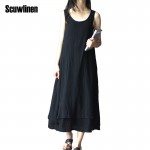 SCUWLINEN Vestidos Women Casual Summer Dresses 2017 Sleeveless Tropical  Long Linen Dress Vintage Solid Tank Black Dresses S03