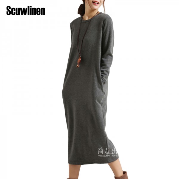 SCUWLINEN Winter Dress 2017 Vestido Women Dress Plus Size Velvet Thickening Thermal Basic Dress Long Sleeve Solid Warm Dress S59