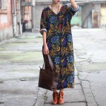 SCUWLINEN Women Dress 2017 Summer Linen V-neck Vintage Print Long-sleeve Loose-waist Hem Split Long Maxi Vintage Dress 0144