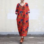 SCUWLINEN Women Dress 2017 Summer Linen V-neck Vintage Print Long-sleeve Loose-waist Hem Split Long Maxi Vintage Dress 0144