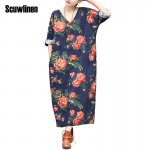 SCUWLINEN Women Dress 2017 Summer Linen V-neck Vintage Print Long-sleeve Loose-waist Hem Split Long Maxi Vintage Dress 0144