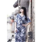 SCUWLINEN Women Dress 2017 Summer Linen V-neck Vintage Print Long-sleeve Loose-waist Hem Split Long Maxi Vintage Dress 0144