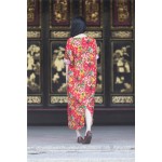 SCUWLINEN Women Dress 2017 Summer Linen V-neck Vintage Print Long-sleeve Loose-waist Hem Split Long Maxi Vintage Dress 0144