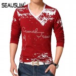 SEAUSLIM Spring Autumn Men T-shirt Long Sleeve V-neck Men Cotton Tees Tops Men Print Casual T-shirt Plus size S- 5XL Q-SHYR-1