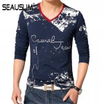 SEAUSLIM Spring Autumn Men T-shirt Long Sleeve V-neck Men Cotton Tees Tops Men Print Casual T-shirt Plus size S- 5XL Q-SHYR-1