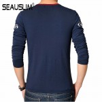 SEAUSLIM Spring Autumn Men T-shirt Long Sleeve V-neck Men Cotton Tees Tops Men Print Casual T-shirt Plus size S- 5XL Q-SHYR-1