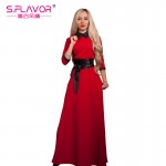S.FLAVOR Brand women long dress Spriing Summer fashion slim vintage style turn-down collar vestidos with belt solid color