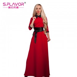 S.FLAVOR Brand women long dress Spriing Summer fashion slim vintage style turn-down collar vestidos with belt solid color