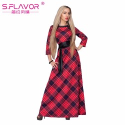 S.FLAVOR Brand women plaid printing long dress Russian style women patchwork loose floor-length vestidos Spring summer dress