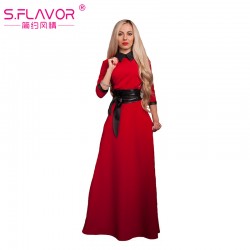 S.FLAVOR women long dress Spriing Autumn fashion slim vintage style turn-down collar vestidos with belt solid color casual dress
