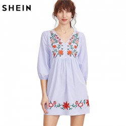 SHEIN Embroidered Blue Striped Button Front Lantern Sleeve Boho Dress V Neck Three Quarter Length Sleeve A Line Dress