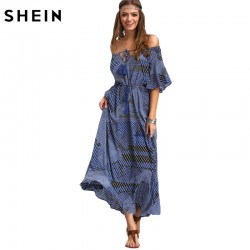 SHEIN Ladies Dresses 2016 Summer New Arrival Vintage Womens Half Sleeve Off The Shoulder Tie-waist Ruffle Hem Maxi Dress