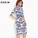 SHEIN Spring Print Dress Women Dresses Blue and White Porcelain Round Neck Three Quarter Length Sleeve Midi Bodycon Pencil Dress