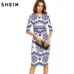 SHEIN Spring Print Dress Women Dresses Blue and White Porcelain Round Neck Three Quarter Length Sleeve Midi Bodycon Pencil Dress