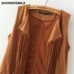 SHOWERSMILE Brand Women Fringe Vest Faux Suede Sleeveless Jacket Tassel Ethnic Waistcoat Ladies Gilet Fashion Female Clothing