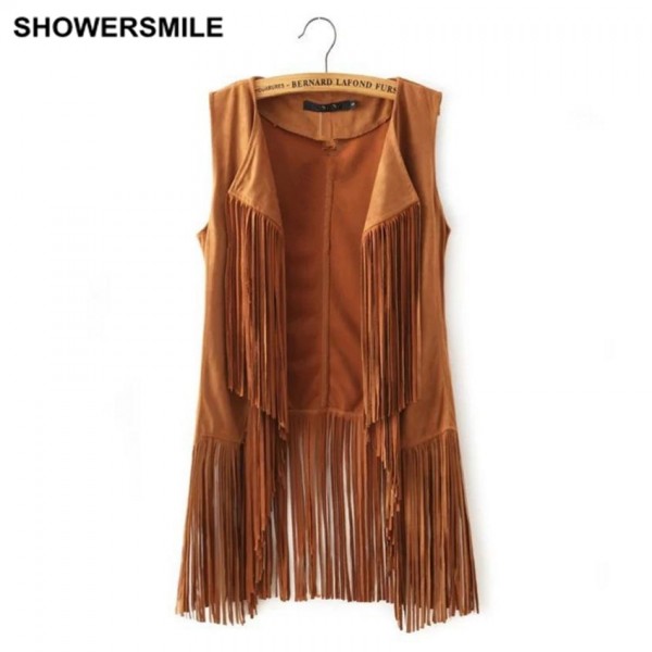 SHOWERSMILE Brand Women Fringe Vest Faux Suede Sleeveless Jacket Tassel Ethnic Waistcoat Ladies Gilet Fashion Female Clothing