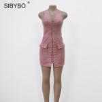 SIBYBO Women Lace Up Suede Leather Dress 2017 Sexy V Neck Sleeveless Bandage Bodycon Short Club Party Dresses Vestidos