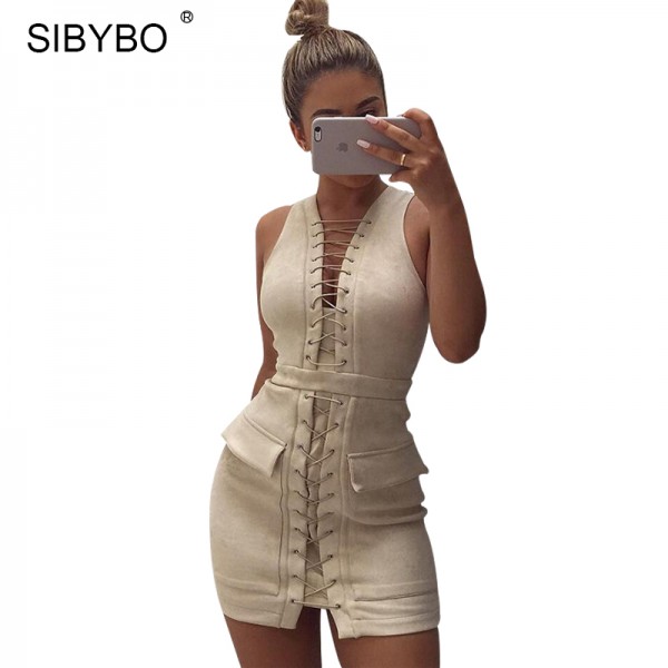 SIBYBO Women Lace Up Suede Leather Dress 2017 Sexy V Neck Sleeveless Bandage Bodycon Short Club Party Dresses Vestidos