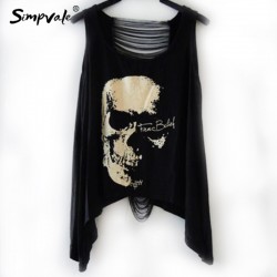 SIMPVALE Summer T shirt Women Loose Irregular Hem Skulls Print Tanks Sexy Behind Hollow Out Tank Tops Free Size