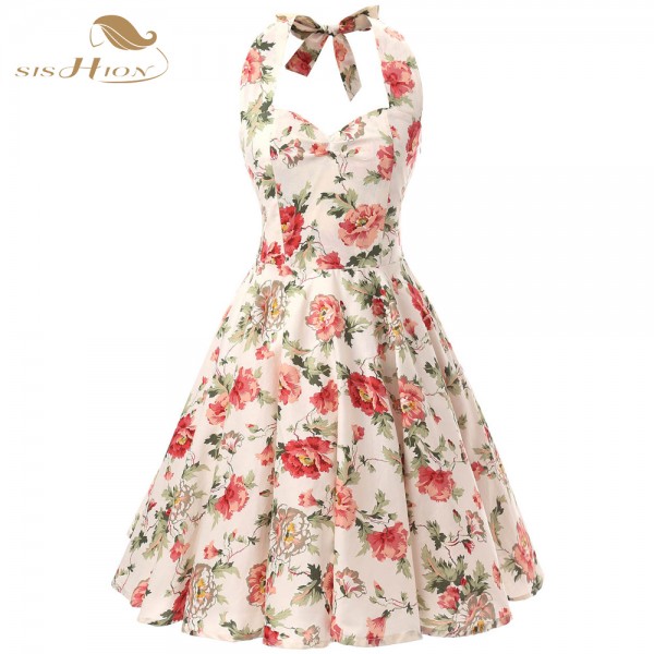 SISHION 100% Cotton Halter Rockabilly Summer 50s 60s Retro Vintage Dresses Floral Print Swing Housewife Elegant Dress VD0077