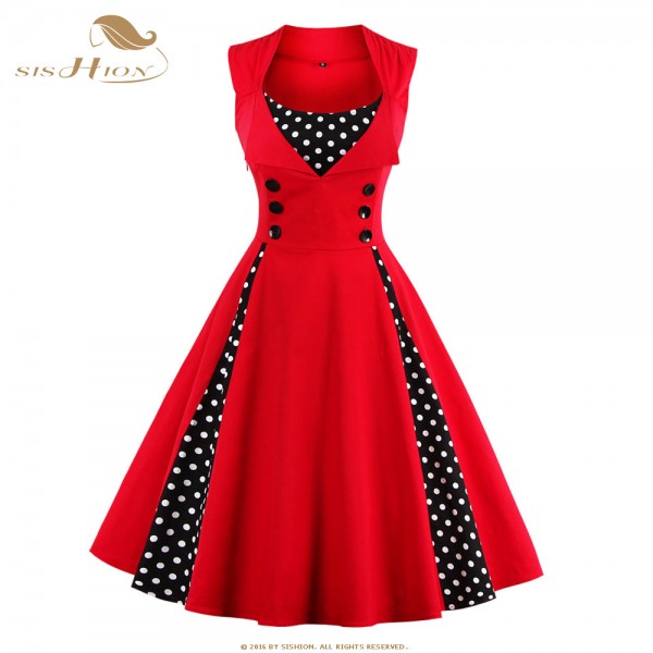 SISHION 2017 New 50s 60s Retro Vintage Dress Audrey Hepburn Sleeveless Spring Summer Patchwork Plus Size Red Women Dress VD0424