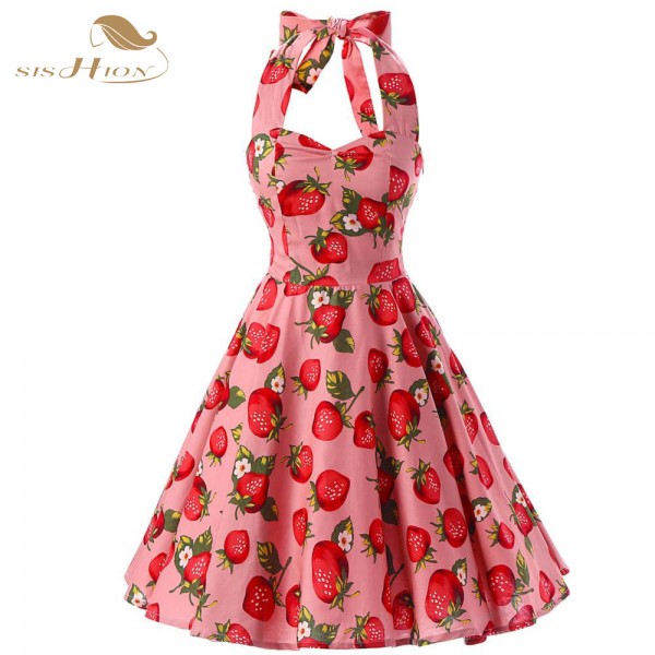 SISHION 2017 Summer Women Dress Halter VD0223 Plus Size vestidos Pink Sexy Strawberry Print 50s Swing Rockabilly Vintage Dress