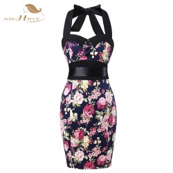 SISHION Elegant Ladies Office Dress Halter Sleeveless Women Summer Dress 2018 Casual Vestidos Floral Vintage Pencil Dresses 0250