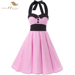 SISHION Halter Pink Dress Plus Size Women Summer Dresses Short Rockabilly Swing Retro Vintage Dress Pin Up Rock Girl Dot VD0146
