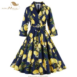 SISHION Lemon Print Women Dress S-4XL Plus Size 3/4 Sleeve Retro Swing Vintage Dress 50s 60s Party Winter Autumn Dresses VD0398