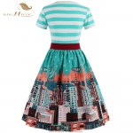 SISHION New Print and Striped 50s Retro Vintage Dress S-4XL Plus Size Short Sleeve Yellow Blue Green Women Summer Dress VD0446